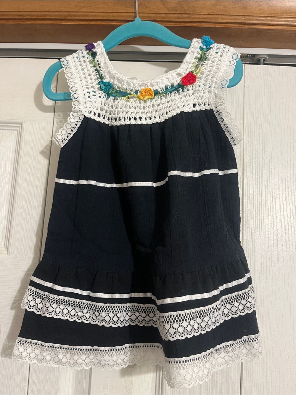 Girls Black Crochet Trim Dress with Floral Accents